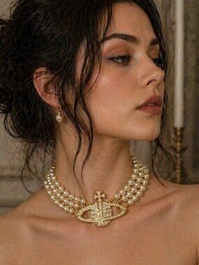 Gold Baroque Pearl Orb Choker Necklace 3 Strand Ivory Glass Statement Gothic